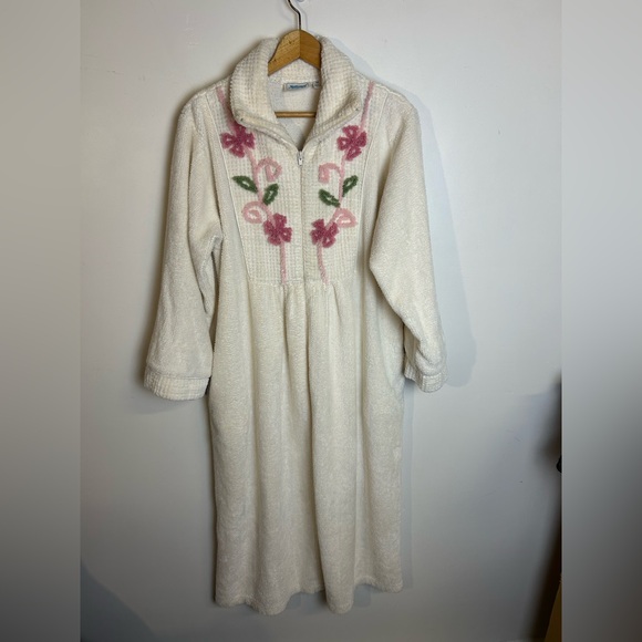 National Vintage Towel Robe Floral Embroidered Mid zip Size M Chic 90s Romantic - Picture 2 of 16
